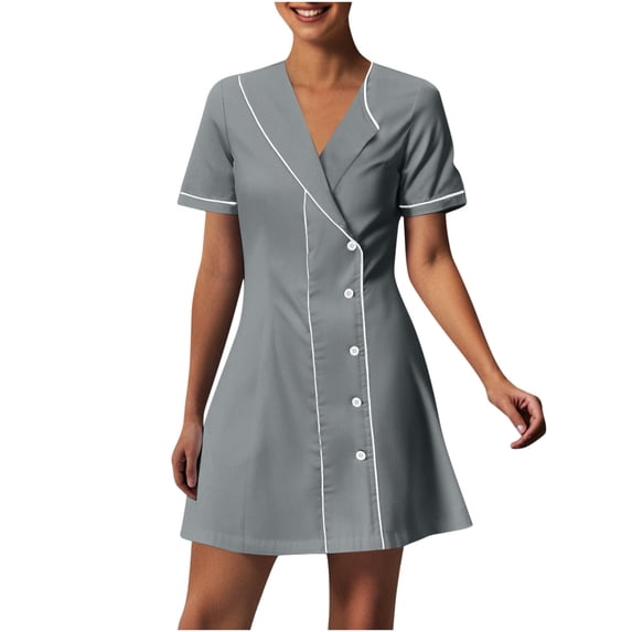 Summer Beach Dresses for Womens 2025 Plus Size Fashion Solid Color With Pockets Button Splicing Lapel Caregiver Dress Nurse Dress Work Midi Dress