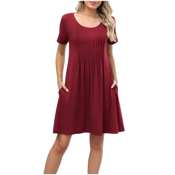 Summer Beach Dresses for Womens 2026 Fashion Plus Size Solid Color Pleated Dress Round Neck Short Sleeved Pockets Dresses Casual Comfortable All Occasion Wear