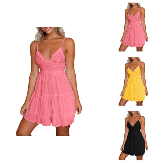 Summer Beach Dresses for Women 2026 Trendy Sleeveless Spaghetti Strap V Neck Empire Waist A Line Ruffle Flowy Mini Dress