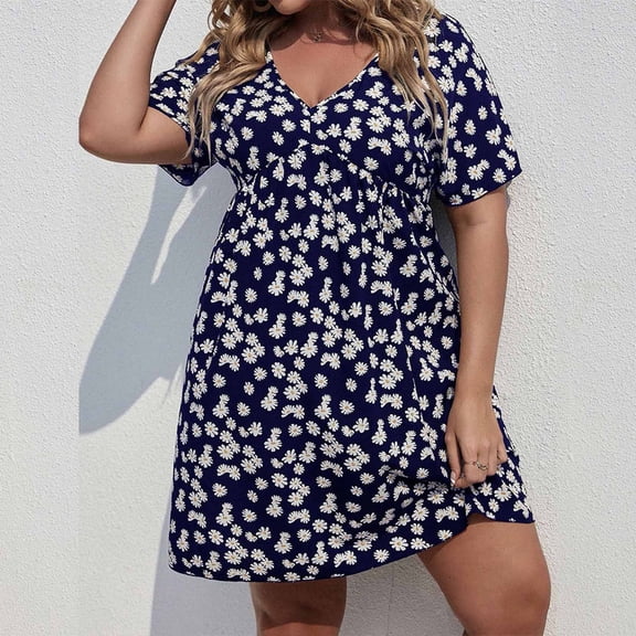 Summer Beach Dresses for Womens 2025 Plus Size Fashion Casual Printing Short Sleeve V-Neck Dress