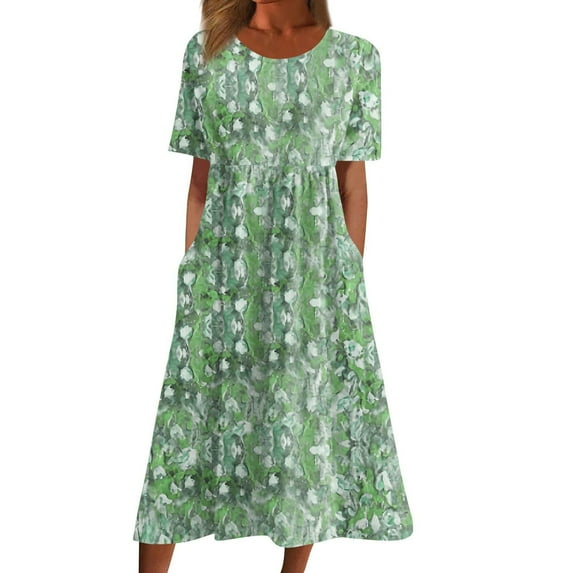 Summer Beach Dresses for Womens 2025 Plus Size Fashion Casual Round Neck Short Sleeve Zipper Folding Floral Printed Dresses