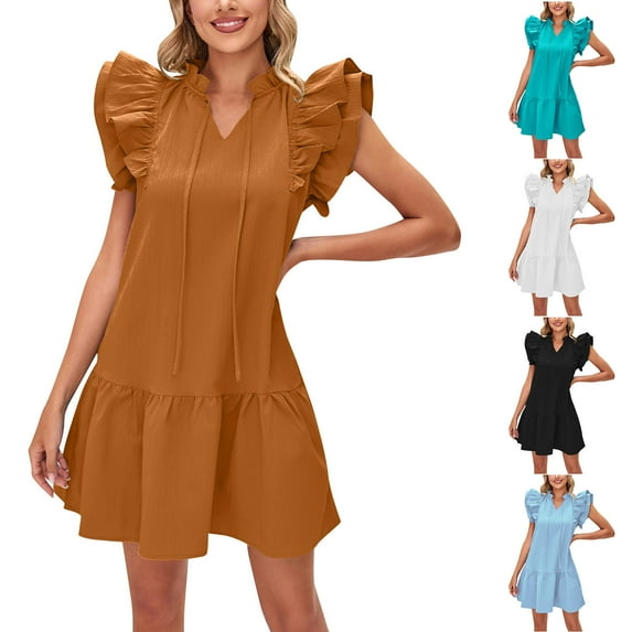Summer Beach Dresses for Womens 2025 Plus Size Fashion Round Neck Doll Dress Sold Color Sleevless Pleated Dress