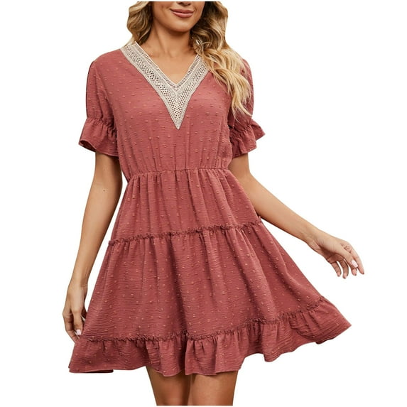 Summer Beach Dresses for Womens 2025 Plus Size Fashion Solid Color Comfortable Loose Short Sleeve Casual Cut-out Lace Dress