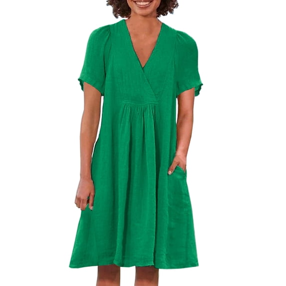 Summer Beach Dresses for Womens 2026 Fashion Plus Size Casual Loose Cotton And Linen Short-sleeved V-neck Pleated Dress