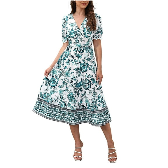 Summer Beach Dresses for Womens 2026 Fashion Plus Size Flower Printing V-neck Short Sleeves Close Up Waist Large Skirt Dress