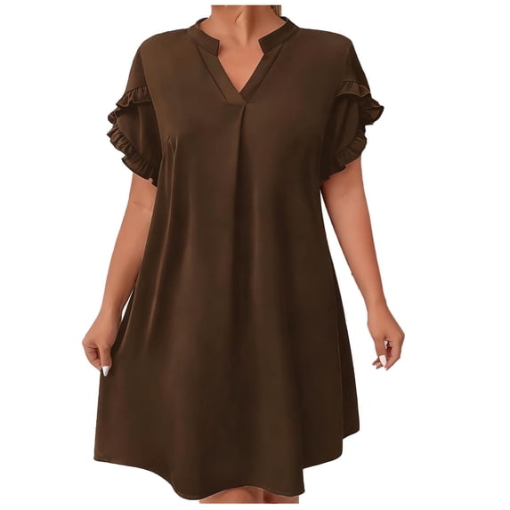 Summer Beach Dresses for Womens 2026 Fashion Plus Size V-neck Solid Color Short Sleeve Pleated Layered Hem Leaf Sleeve Dress