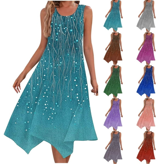Summer Beach Dresses for Womens 2026 Plus Size Fashion Beach Printing Pockets Tank Round-Neck Sleeveless Tank Dresses