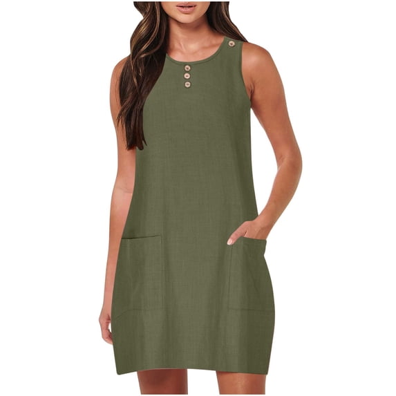 Summer Beach Dresses for Womens 2026 Plus Size Fashion Casual Holiday Round Neck Pockets Solid Color Sleeveless Party Beach Dress