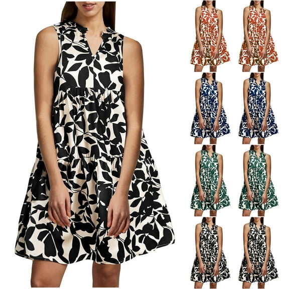 Summer Beach Dresses for Womens 2026 Plus Size Fashion Casual Sleeveless Bohemian Fashion Loose V-neck Pleated Print Dress Dress