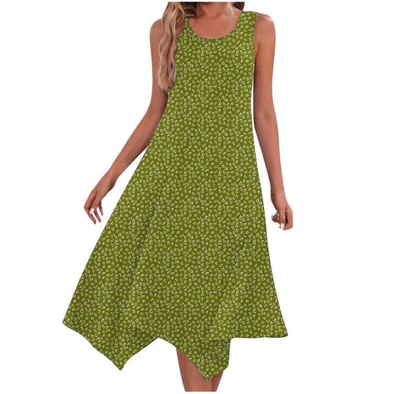Summer Beach Dresses for Womens 2026 Plus Size Fashion Print Sleeveless Pocket Irregular Hem Round Neck Dress