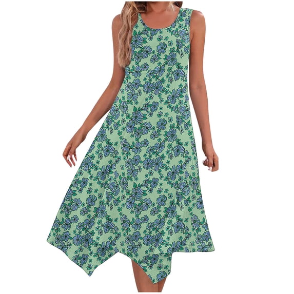 Summer Beach Dresses for Womens 2026 Plus Size Fashion Print Sleeveless Pocket Irregular Hem Round Neck Dress