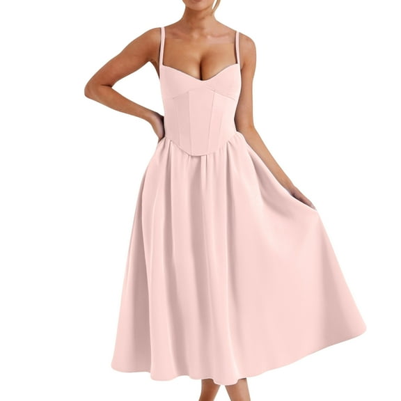 Summer Beach Dresses for Womens 2026 Plus Size Fashion Solid Color Camisole Slim V-neck Zipper Pleated Dress