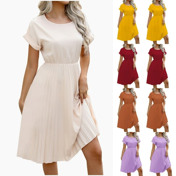 Summer Beach Dresses for Womens 2026 Plus Size Fashion Temperament Solid Color Pleated Three-quarter Sleeve Waist A-line Dress