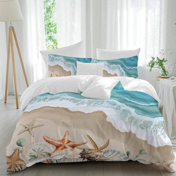 Summer Beach Duvet Cover Set California King Size Spray Ocean Waves Sand Seashell Starfish Soft Lightweight Comforter Covers 4 Piece Bedding Set with 1 Duvet Cover 1 Bed Sheet & 2 Pillow Shams