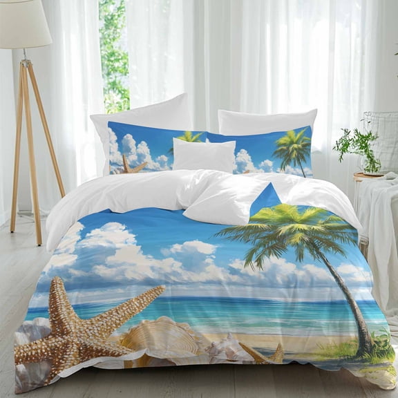 Summer Beach Duvet Cover Set King Size, Ocean Starfish Shell 4 Piece Soft Microfiber Bedding Set with 1 Duvet Cover, 1 Flat Sheet, 2 Pillowcases