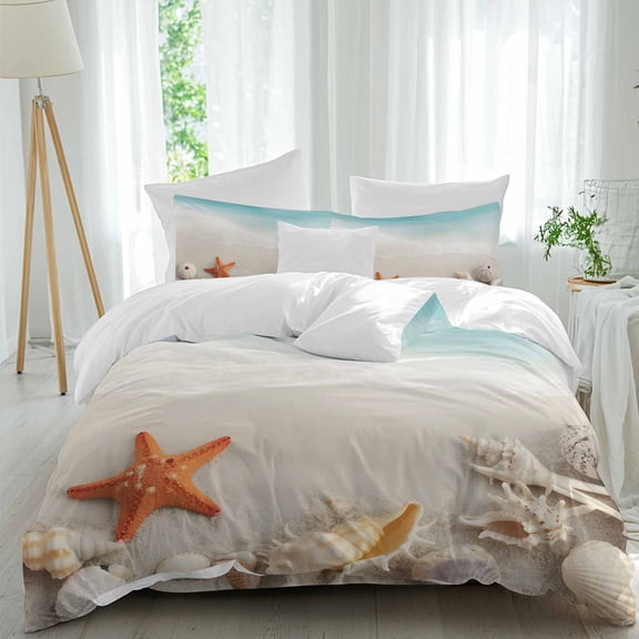 Summer Beach Duvet Cover Set Queen Size, Tropical Turquoise Ocean Ripples Seaside Starfish Seashell 4 Piece Soft Microfiber Bedding Set with 1 Duvet Cover, 1 Flat Sheet, 2 Pillowcases