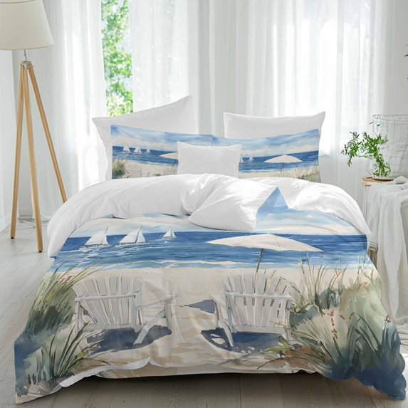 Summer Beach Duvet Cover Set Twin Size Sun Umbrella Ship Watercolor Beach Chair Soft Lightweight Comforter Covers 4 Piece Bedding Set with 1 Duvet Cover 1 Bed Sheet & 2 Pillow Shams