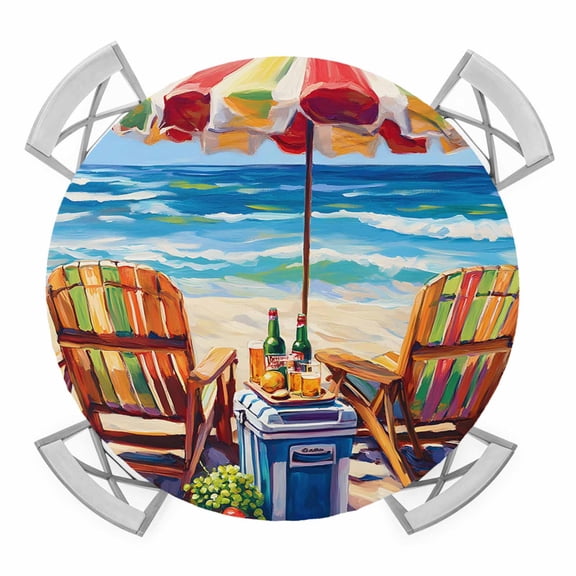 Summer Beach Elastic Fitted Round Table Cover Sun Umbrella Chair Waterproof Outdoor Tablecloth for Holiday Party, Picnic, Patio & Dining Fits Tables Up to 36"-44"