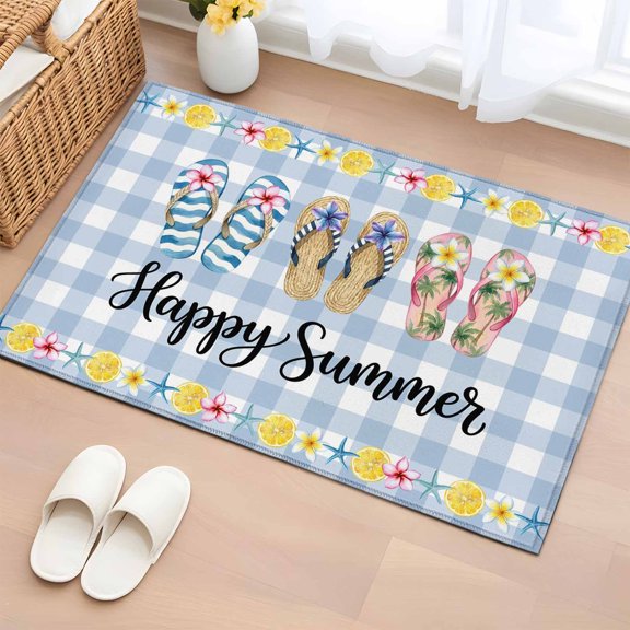 Summer Beach Entryway Rug 2'x3' Non Slip Front Door Mats, Happy Summer Slippers Coastal Blue Plaid Entrance Rugs Indoor Outdoor Carpet, Washable Floor Mats Small Area Rug for Bedroom Kitchen