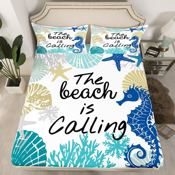 Summer Beach Fitted Sheet Blue Seahorse Queen Bed Sheets,Nautical Coastal Sheets Seashell Starfish Shell Coral Bedding Set,Ocean Decor(No Top Sheet)