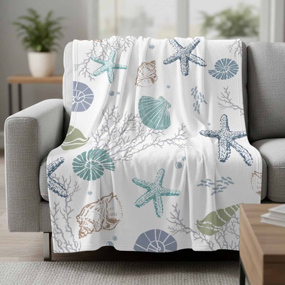 Summer Beach Fleece Blanket, Nautical Starfish Coral Shell Teal Ocean Ultra Soft Warm Throw Blanket Lightweight Plush Bed Blanket, Home Decor Throws for Couch Bed Sofa, 30x40 inches