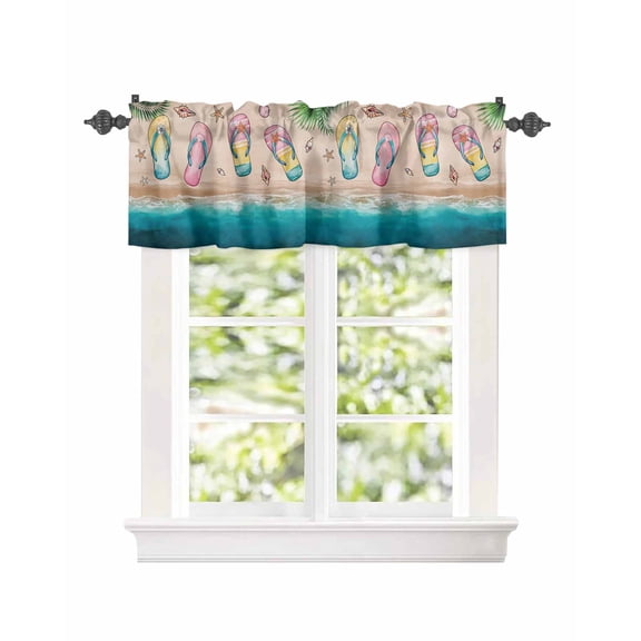 Summer Beach Flip Flops Curtain Valances for Kitchen Windows,Rod Pocket Short Valance Tropical Nautical Shell Starfish Window Treatment for Living Room Bathroom Bedroom,42" x 18"-1 Panel