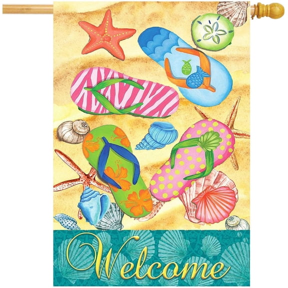 Summer Beach Flip Flops House Flag 28 x 40 Double Sided Tropical Nautical Starfish Shell Sand Garden Yard Flags Welcome Hello Summer Outdoor Indoor Banner for Party Home Decorations