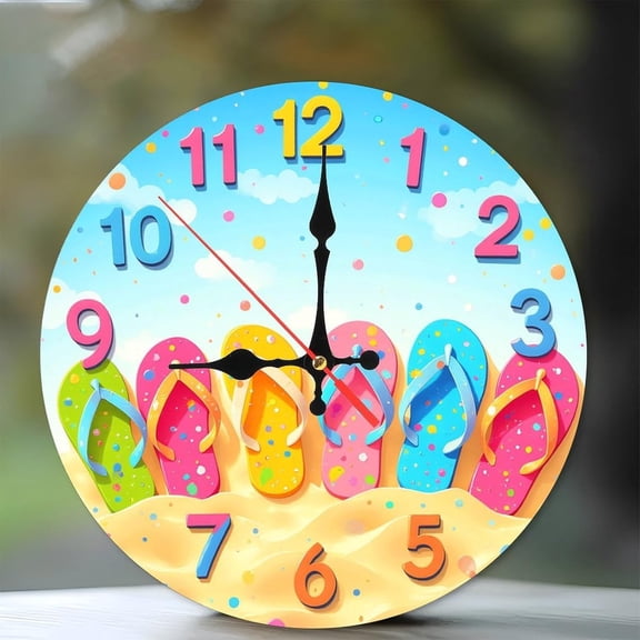 Summer Beach Flip Flops Wall Clock Colorful Decor 10-Inch Wooden Wall Clock, Silent Movement, Battery Operated (AA Batteries Not Included), Artistic Home Decor, Perfect for Home Accents