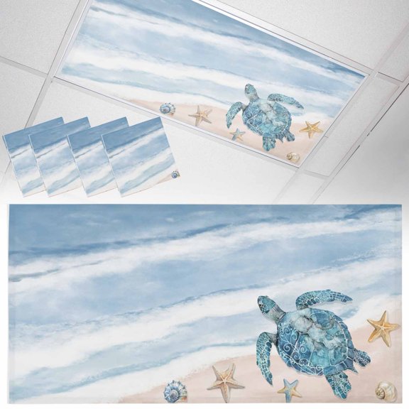 Summer Beach Fluorescent Light Covers Abstract Gradient Blue Ocean Waves Turtle Starfish Magnetic Light Filters Ceiling Lighting Panel Shade for Classroom Office Home 2 x 4 ft, 4 Pack