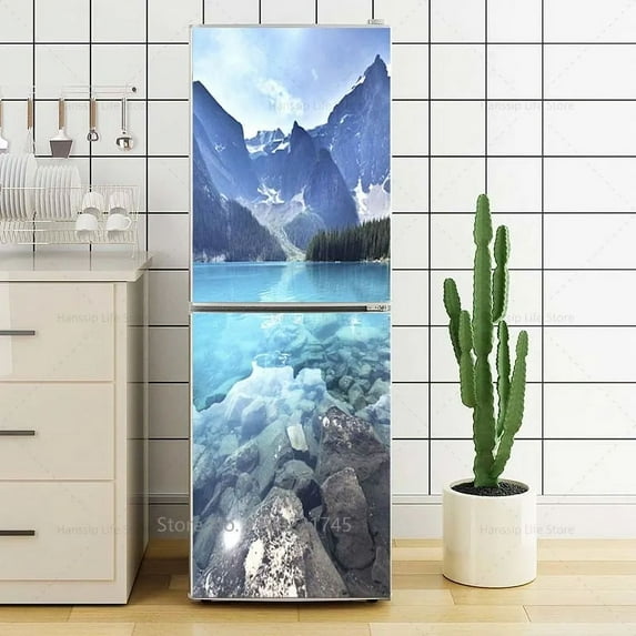 Summer Beach Fridge Mural 3D Refrigerator Stickers Waterproof Vinyl Sea View Wallpaper for Kitchen F