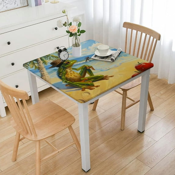 Summer Beach Frog Square Fitted Tablecloth with Elastic Edge Wipeable Table Cover Stain-Resistan Oil-Proof Washable Table Cloth for Indoor Outdoor