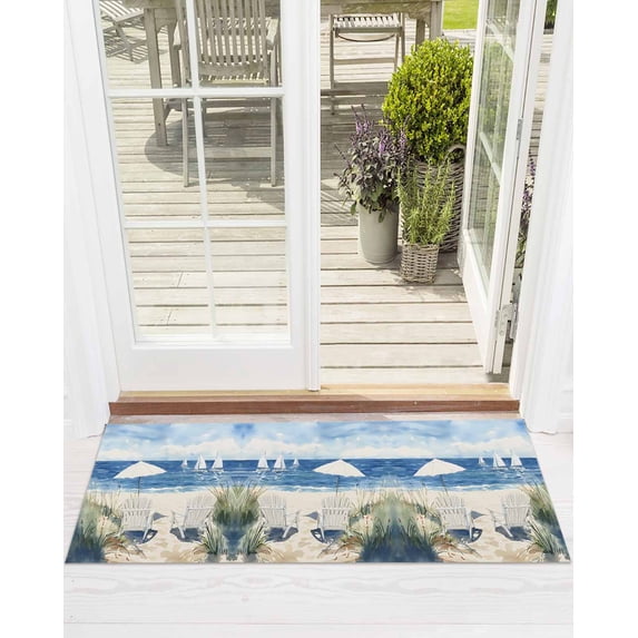 Summer Beach Front Door Mat Sun Umbrella Ship Watercolor Beach Chair Welcome Doormat Indoor Outdoor Entrance Floor Mat Non-Slip Washable Runner Rug for Front Porch Decor 24x71 Inch