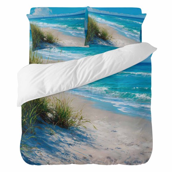 Summer Beach Full Duvet Cover Set, Realistic Green Weed Coastal Scenery Blue Sky Wave 4 Piece Microfiber Bedding Set with Zipper Closure, Bed Sheet and 2 Pillow Shams, Soft Bedding Cover