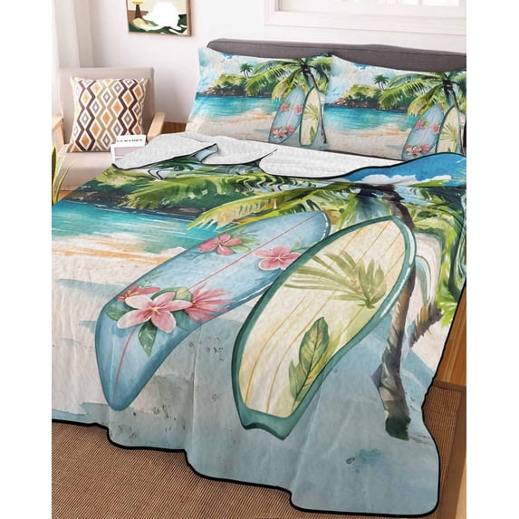 Summer Beach Full Size Down Alternative Comforter, Lightweight Comforter Quilt Bedding Set with Pillow Shams Tropical Coastal Palm Tree Surfboard All Seasons Bed Comforter Duvet Insert 78"x90"