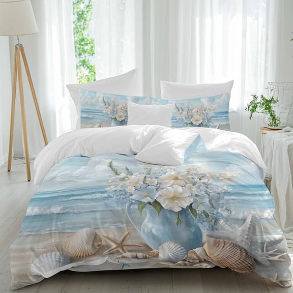 Summer Beach Full Size Comforter Set, Flower Vase Coastal Starfish Seashell Bedding for All Seasons, 4 Pcs Bed Set, 1Quiltcover (86"x86") ,1Sheet(80"x116"), 2Pillowcases (30"x20")