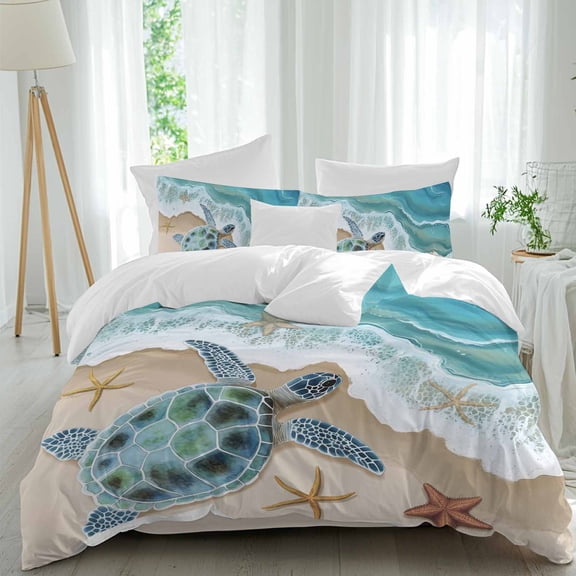 Summer Beach Full Size Comforter Set, Sea Turtle Spray Starfish Scenery Coastal Bedding for All Seasons, 4 Pcs Bed Set, 1Quiltcover (86"x86") ,1Sheet(80"x116"), 2Pillowcases (30"x20")