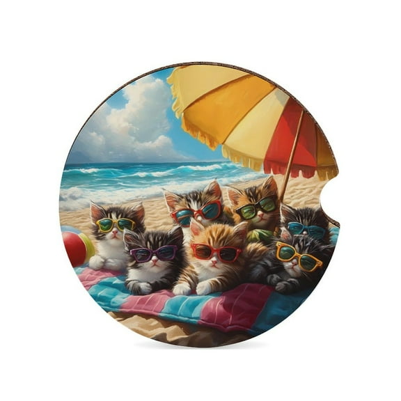 Summer Beach Funny Cats With Sunglasses Car Coasters for Drinks with A Finger Notch for Easy Removal Cup Holder Coaster Cute Car Interior Accessories 1PCS