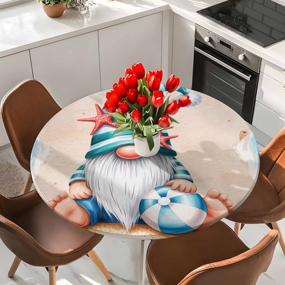 Summer Beach Funny Stripes Gnome Round Fitted Tablecloth with Elastic Edge,Waterproof Table Cloth Fits Tables Up to 36"-44",Wipeable Table Cover for Indoor Outdoor Dinning Party,Ocean Sea Stars