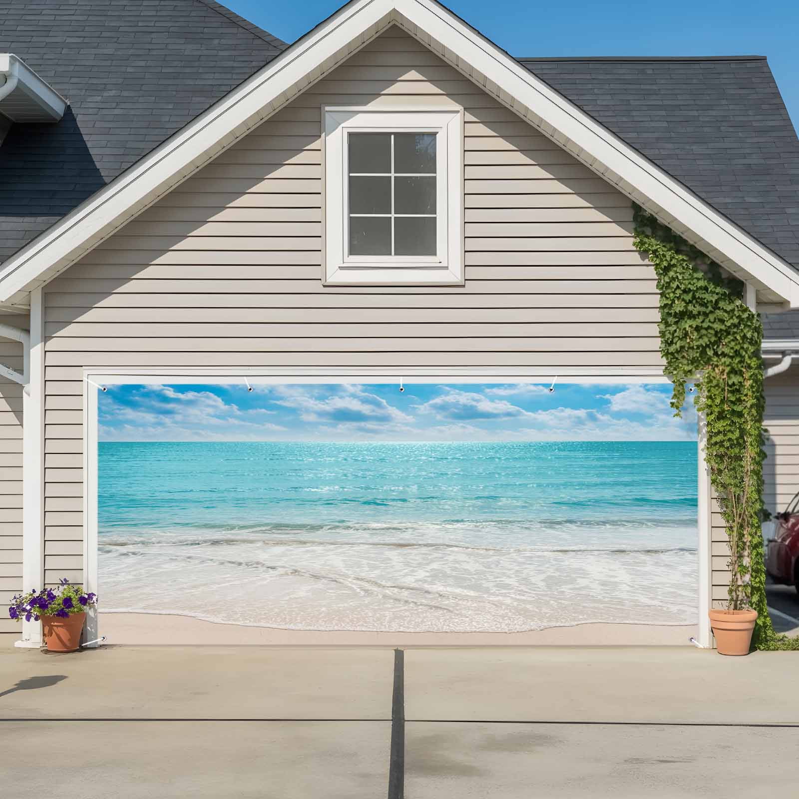 Summer Beach Garage Door Cover Banner 7 x 8 FT, Blue Coastal Ocean Seaside Nautical Garage Door Curtains Backdrop with Grommets for Indoor Outdoor Wall Party Porch Yard Decorations Background