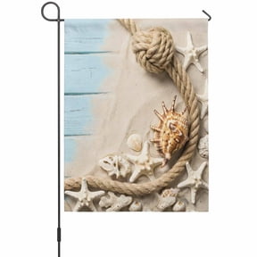 Summer Beach Garden Flag 12 x 18 Inches, Blue Wood Grain Country Starfish Conch Sand Rope Weather Proof Outdoor Patio Flags Double Sided Small Garden Decoration for Yard Outside Home