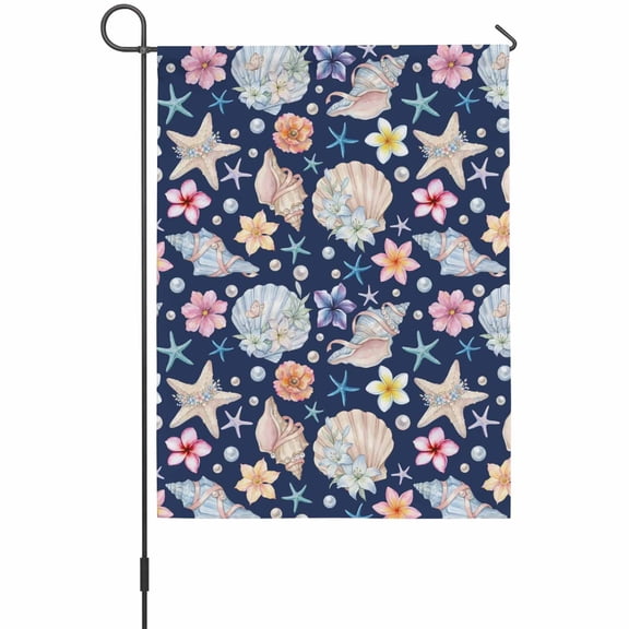Summer Beach Garden Flag 12 x 18 Inches, Ocean Starfish Shell Coastal Conch Cute Flowers Blue Weather Proof Outdoor Patio Flags Double Sided Small Garden Decoration for Yard Outside Home