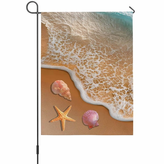 Summer Beach Garden Flag 12 x 18 Inches, Ocean Waves Starfish Shell Conch Coastal Weather Proof Outdoor Patio Flags Double Sided Small Garden Decoration for Yard Outside Home