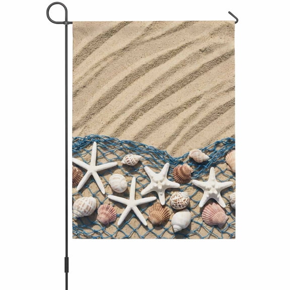 Summer Beach Garden Flag 12 x 18 Inches, Seaside Starfish Shell Fishing Net Conch Sand Weather Proof Outdoor Patio Flags Double Sided Small Garden Decoration for Yard Outside Home