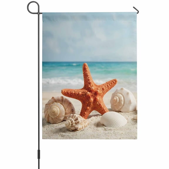 Summer Beach Garden Flag 12 x 18 Inches, Vacation Sand Starfish Seashell Blue Sky Sea Wave Weather Proof Outdoor Patio Flags Double Sided Small Garden Decoration for Yard Outside Home