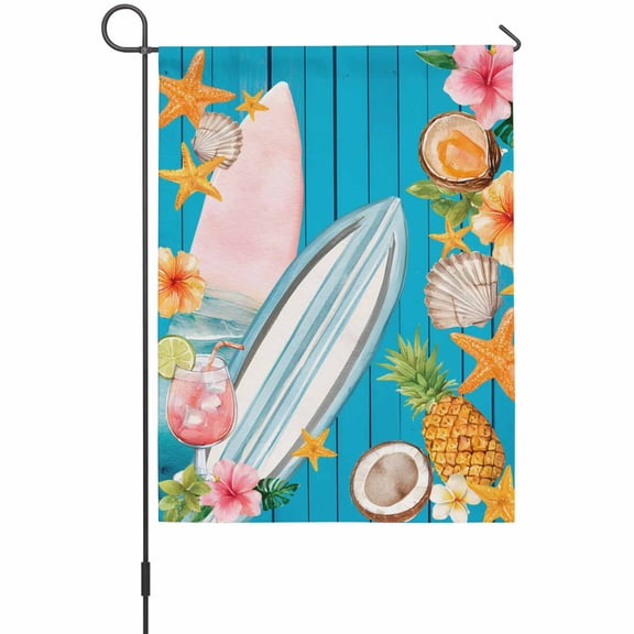 Summer Beach Garden Flag 12 x 18 Inches, Watercolor Surfboard Ocean Starfish Tropical Coconut Weather Proof Outdoor Patio Flags Double Sided Small Garden Decoration for Yard Outside Home