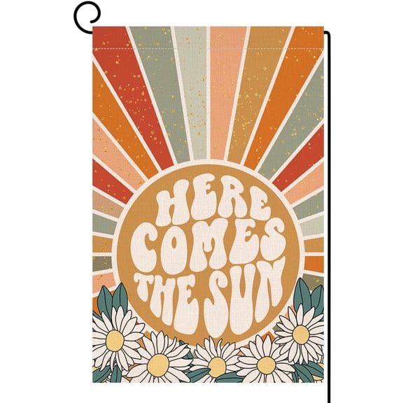 Summer Beach Garden Flag Here Comes The Sun 12x18 Vertical Double Sided Vintage Retro Daisy Farmhouse Holiday Outside Decorations Burlap Yard Flag BW810