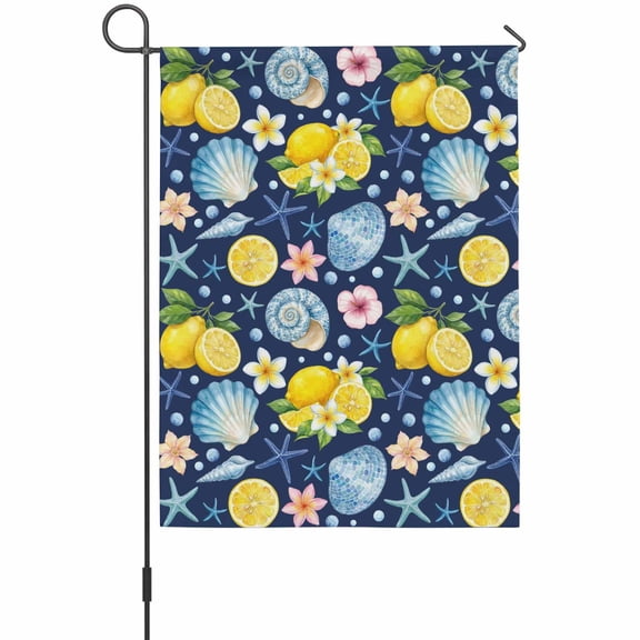 Summer Beach Garden Flags For Outdoor, Ocean Starfish Shell Coastal Conch Lemon Flowers Blue Small Double Side Yard Flags Weather Proof Garden Decor for Lawn Outside Holiday 12 x 18 Inches
