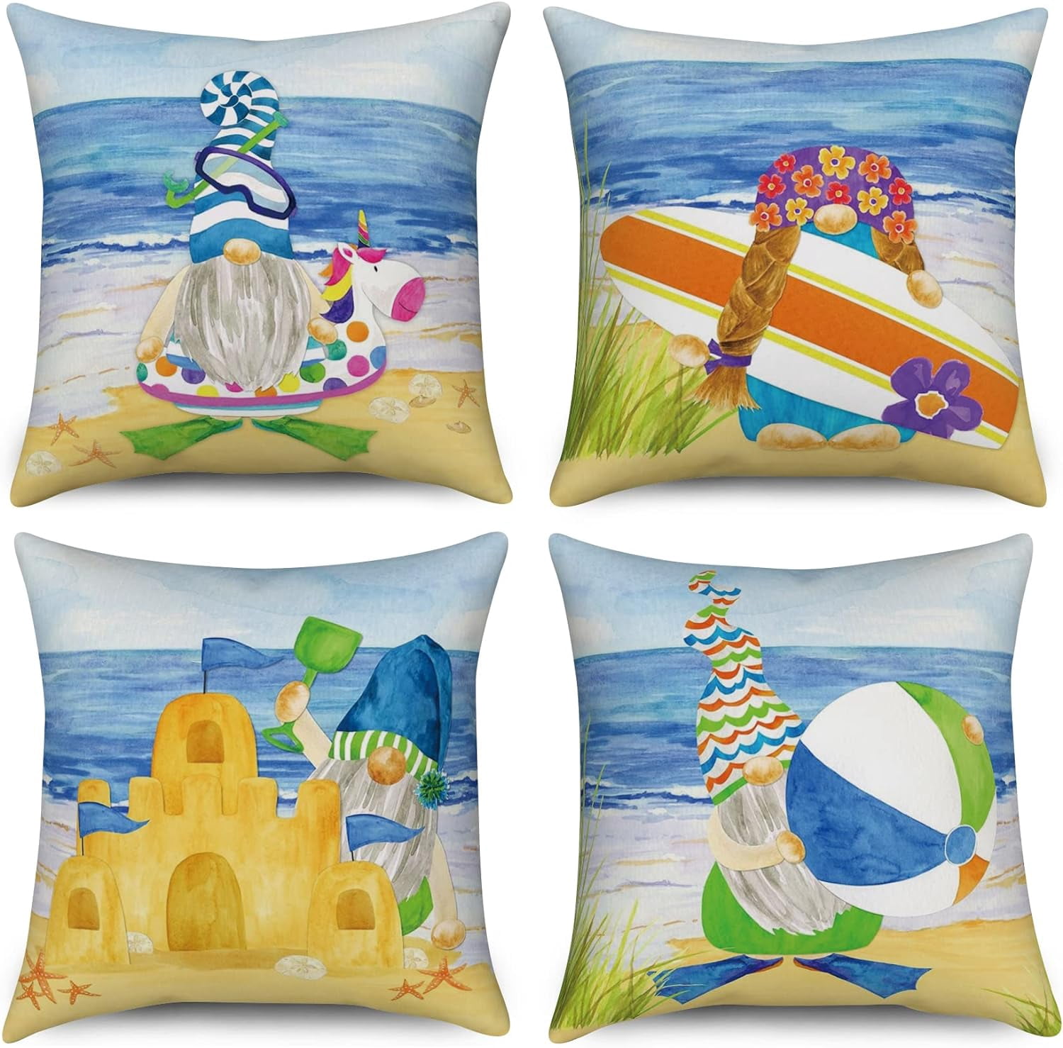 Summer Beach Gnome Pillow Covers 16x16 Set of 4, Summer Outdoor Decor Throw Pillow Covers Ocean Sea Pillowcase Surfboard Cushion Case for Home Living Room Yard