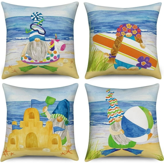 Summer Beach Gnome Pillow Covers 16x16 Set of 4, Summer Outdoor Decor Throw Pillow Covers Ocean Sea Pillowcase Surfboard Cushion Case for Home Living Room Yard