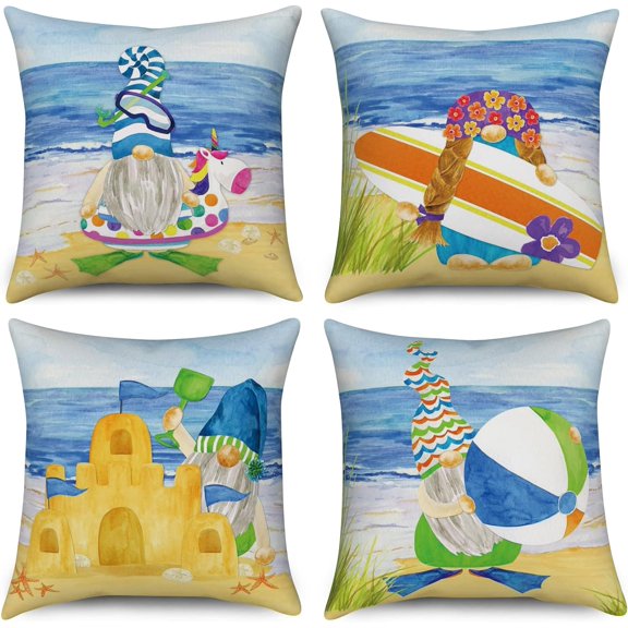 Summer Beach Gnome Pillow Covers 16x16 Set of 4, Summer Outdoor Decor Throw Pillow Covers Ocean Sea Pillowcase Surfboard Cushion Case for Home Living Room Yard